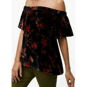 Loft Black Velvet Off Shoulder Romantic Floral Flutter Sleeve Top